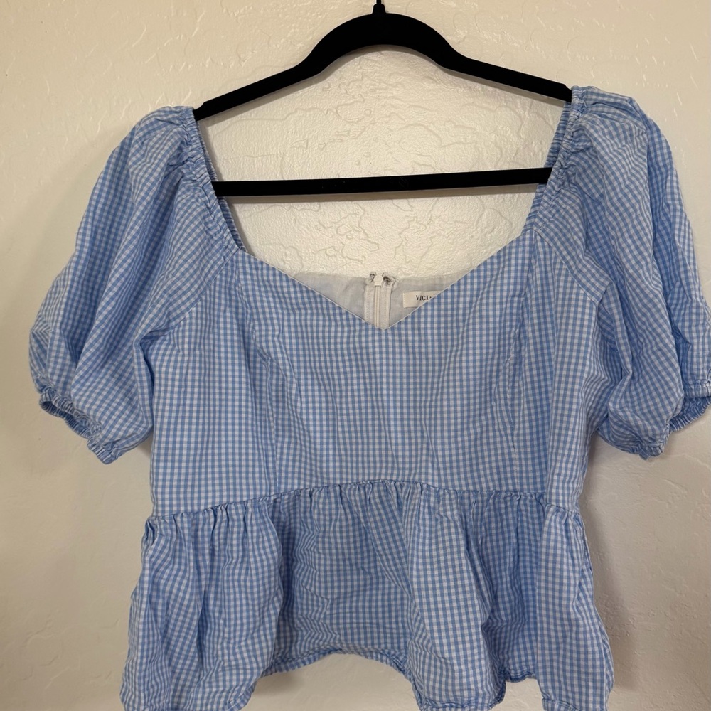 Vici Blue Gingham Puff Sleeve Top Size XL